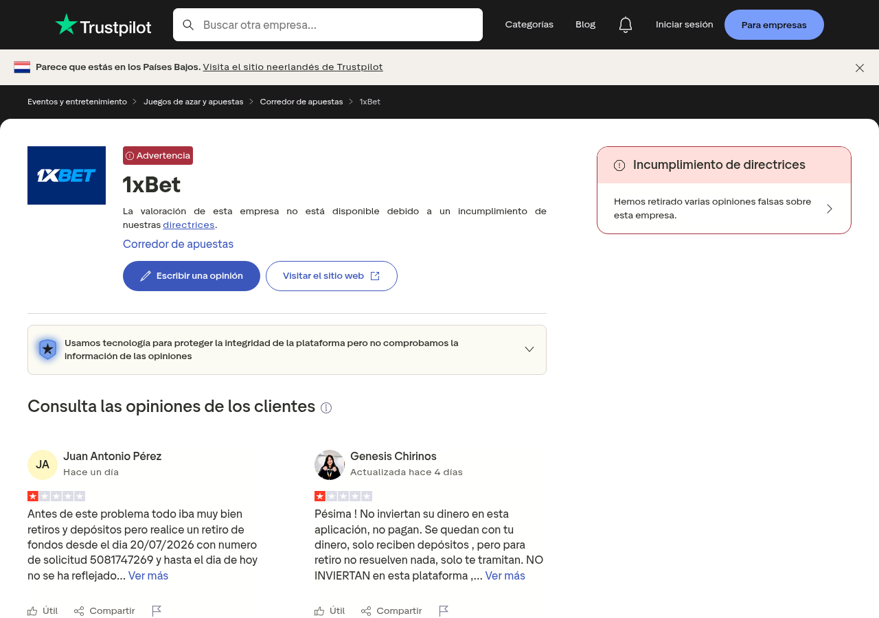 Captura contextual de opiniones internacionales relacionadas con 1xBet