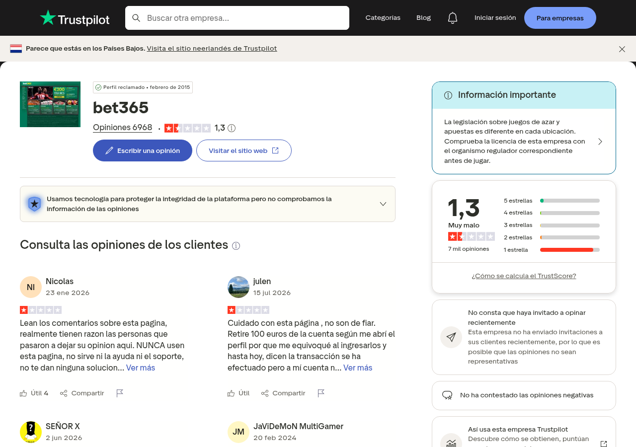 Captura de opiniones globales sobre bet365 usada únicamente como contexto