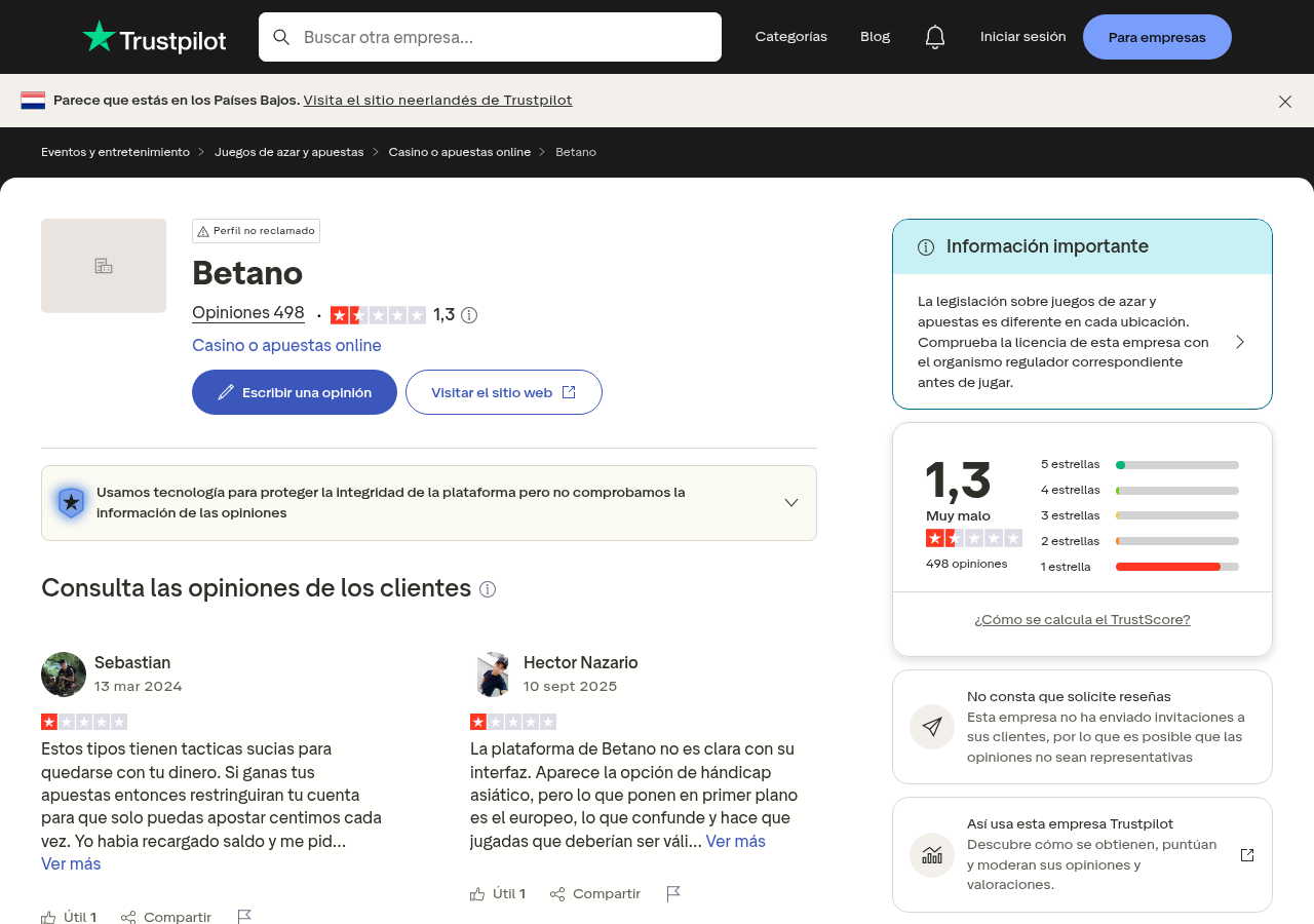 Captura contextual suministrada de opiniones globales sobre betano.com