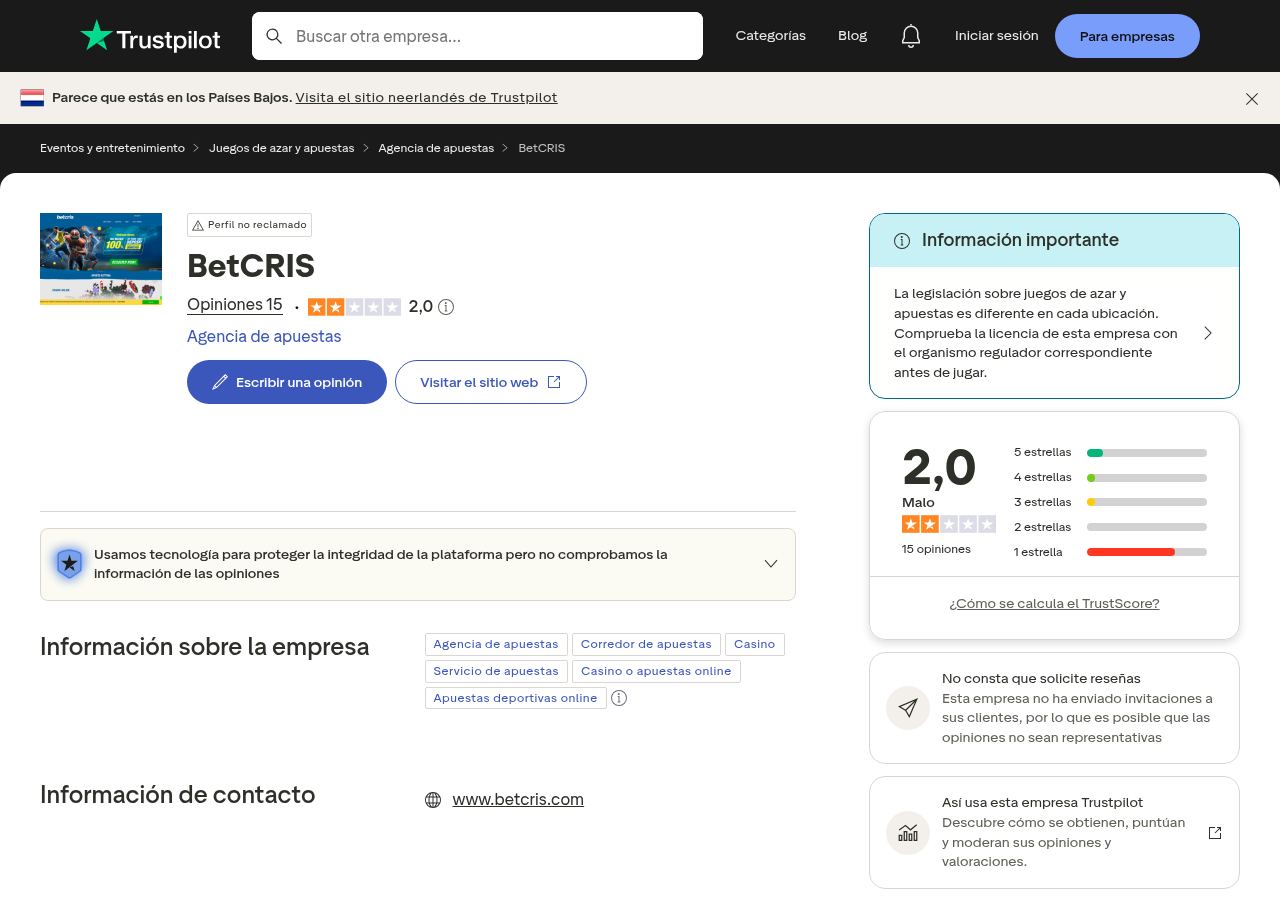 Captura contextual de opiniones internacionales relacionadas con Betcris