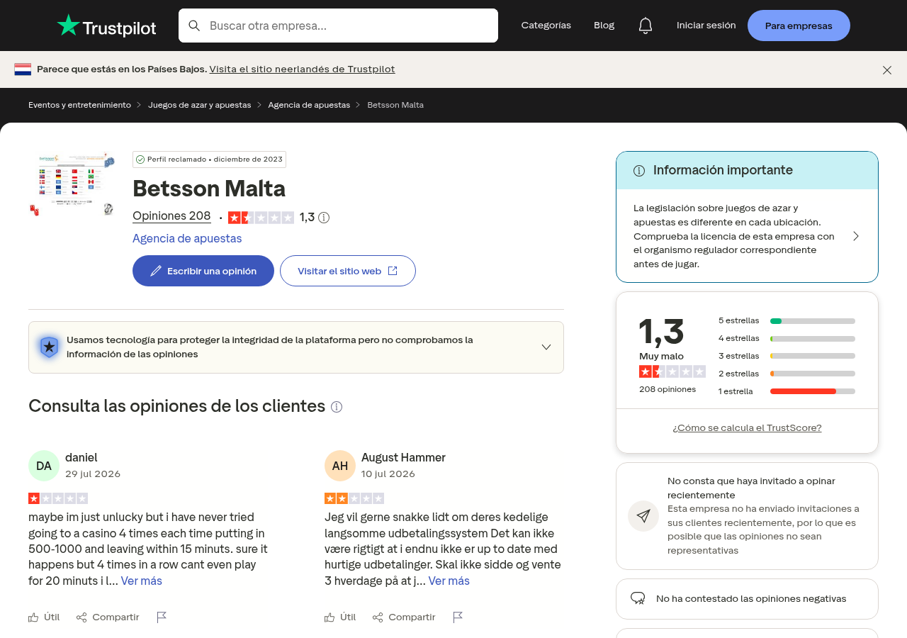Captura contextual de opiniones externas asociadas con betsson.com