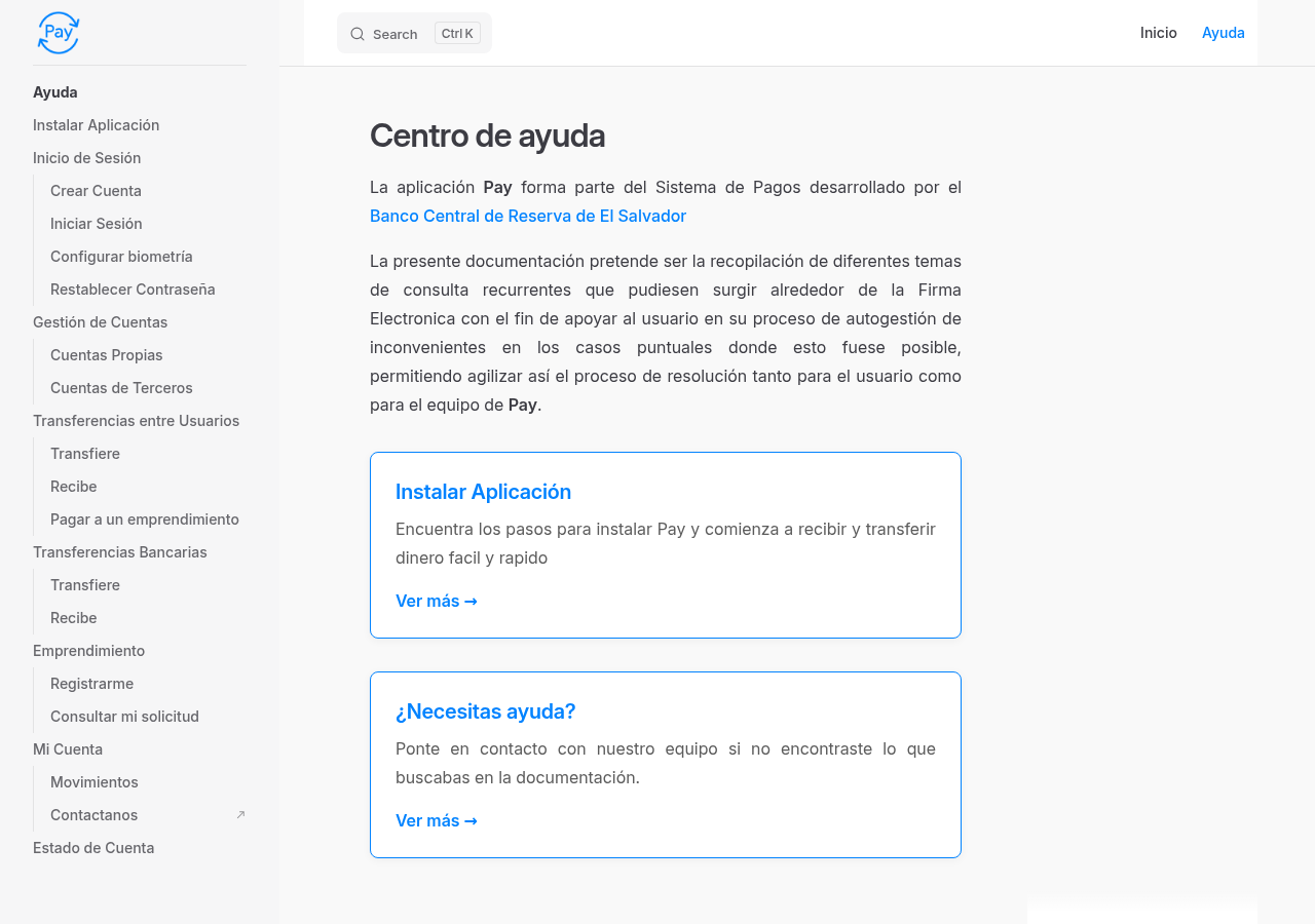 Captura del centro oficial de ayuda Pay del Banco Central