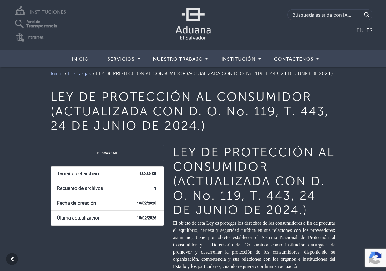 Captura de la publicación oficial de la Ley de Protección al Consumidor